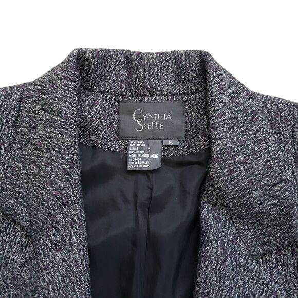 Vtg Cynthia Steffe Blazer Jacket Womens 6 Gray Tweed Wool One Button Sport Coat - Picture 4 of 10